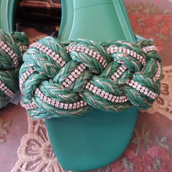 New Zara Green Woven Rhinestone Slip On Sandals Size 6M - Picture 2 of 14